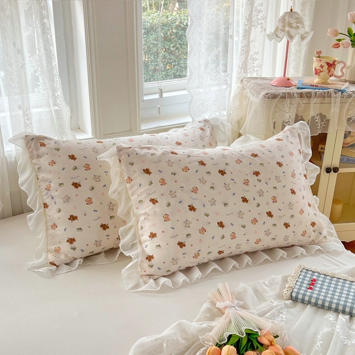 91家纺网 家纺一手货源 找家纺 梦舒羽  2025新款针织棉双层纱花边枕头套双人枕套枕芯套宿舍单人枕头内胆套 花边款-蛋糕萌犬