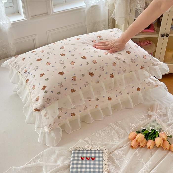 91家纺网 家纺一手货源 找家纺 梦舒羽  2025新款针织棉双层纱花边枕头套双人枕套枕芯套宿舍单人枕头内胆套 花边款-蛋糕萌犬