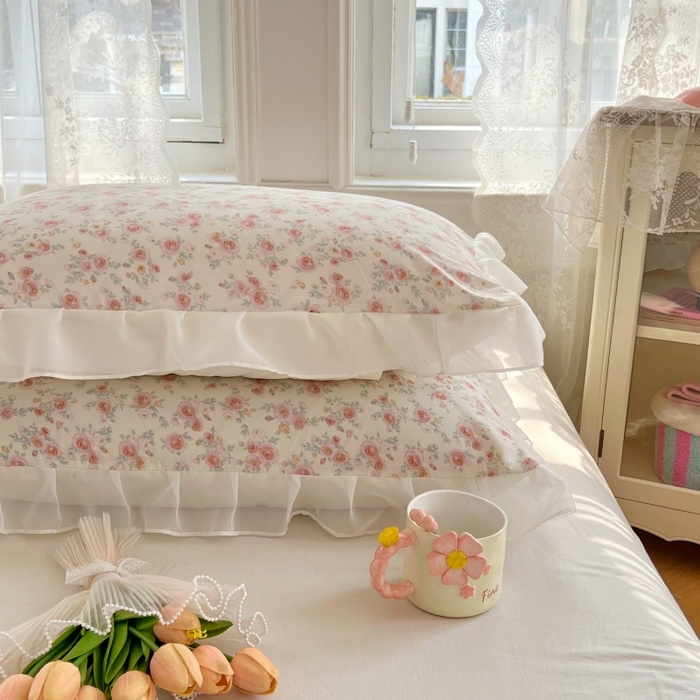 91家纺网 家纺一手货源 找家纺 梦舒羽  2025新款针织棉双层纱花边枕头套双人枕套枕芯套宿舍单人枕头内胆套 花边款-情迷花海