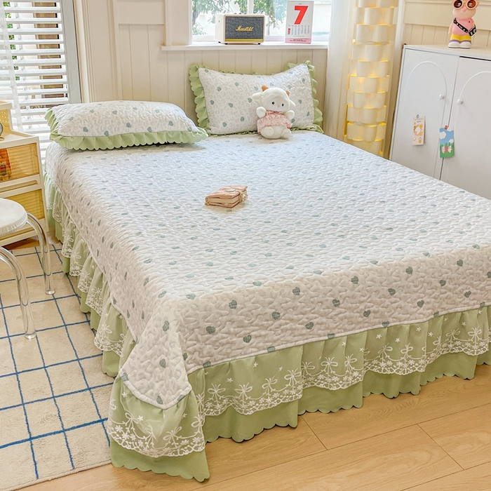 91家纺网 家纺一手货源 找家纺 雅眠居 2025爆款针织棉双层纱印花床盖四件套 爱心绿