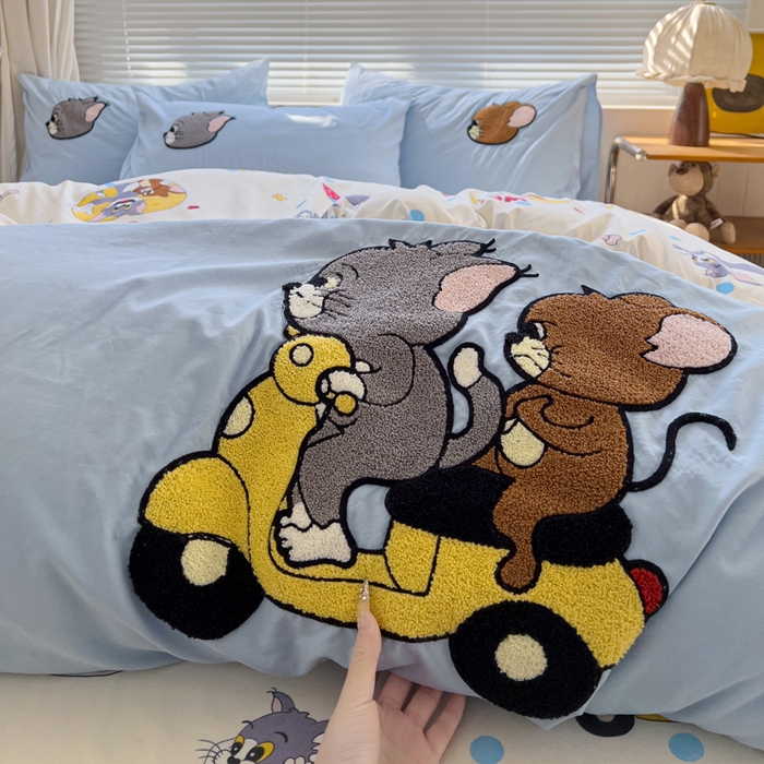 91家纺网 家纺一手货源 找家纺 罗亿家纺 2025新款云朵棉可爱毛巾绣系列四件套 汤姆和杰瑞