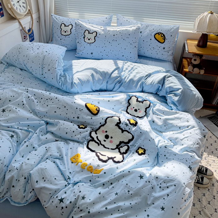 91家纺网 家纺一手货源 找家纺 罗亿家纺 2025新款云朵棉可爱毛巾绣系列四件套 星空线条狗