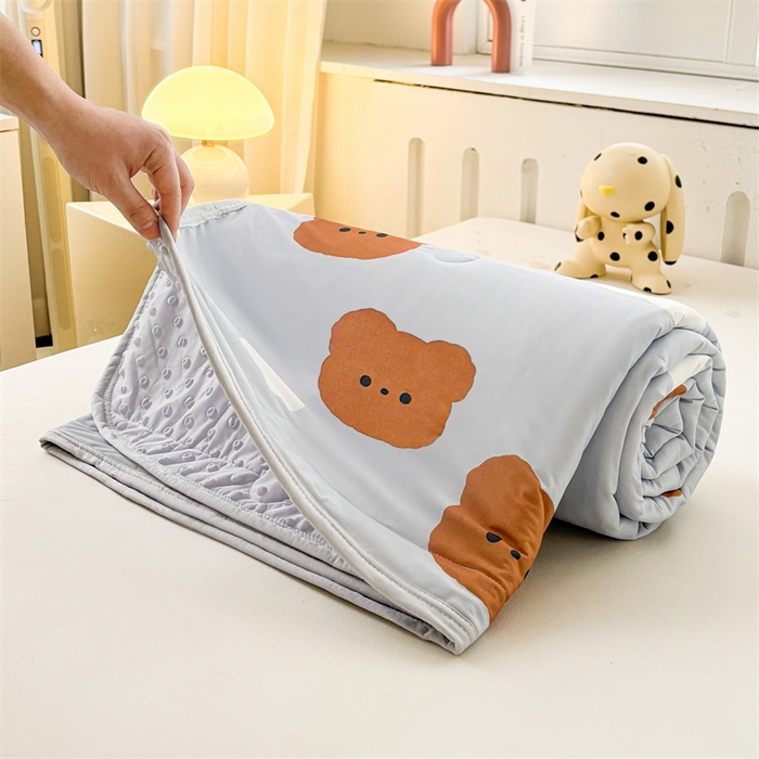 91家纺网 家纺一手货源 找家纺 雯豆2025春夏新款凉感丝夏被空调被子印花A类卡通小清新夏被 冰丝夏被四件套-布丁小昔