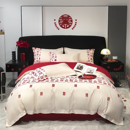 91家纺网 家纺一手货源 找家纺 （总）床绮 2025新款百喜印花婚庆四件套-风格一