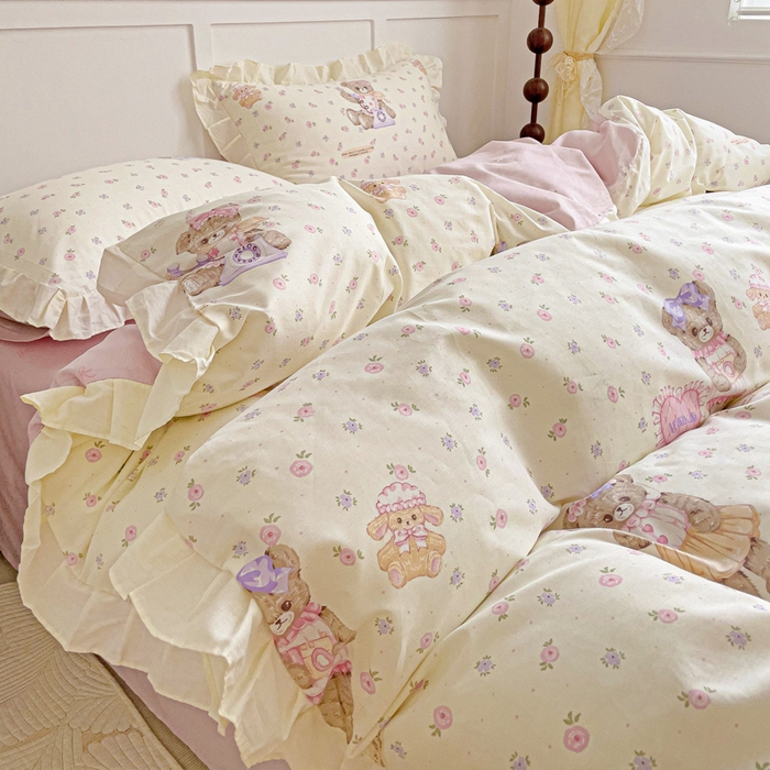 91家纺网 家纺一手货源 找家纺 澳梵家居 2025新款全棉印花韩版花间捕梦四件套 乖乖熊