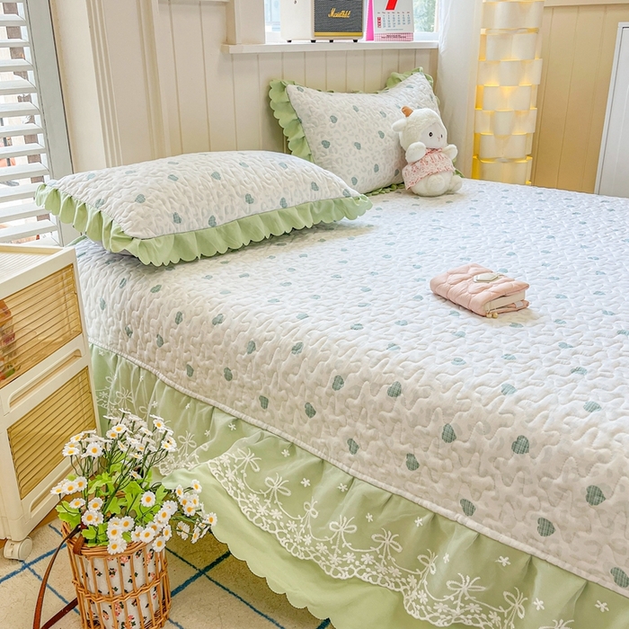 91家纺网 家纺一手货源 找家纺 雅眠居 2025爆款针织棉双层纱印花床盖四件套 爱心绿