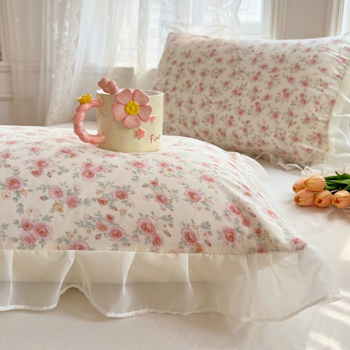 91家纺网 家纺一手货源 找家纺 梦舒羽  2025新款针织棉双层纱花边枕头套双人枕套枕芯套宿舍单人枕头内胆套 花边款-情迷花海