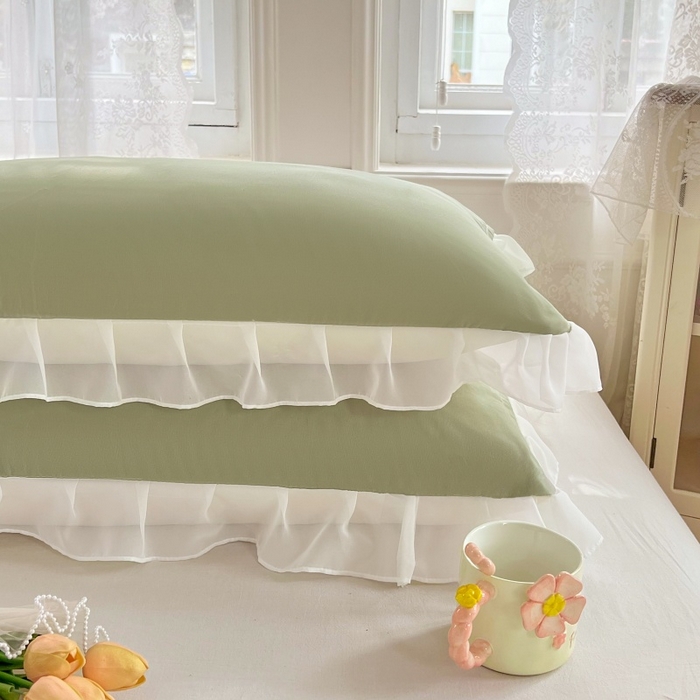 91家纺网 家纺一手货源 找家纺 梦舒羽  2025新款针织棉双层纱花边枕头套双人枕套枕芯套宿舍单人枕头内胆套 花边款-豆绿