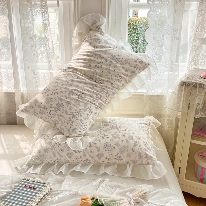 91家纺网 家纺一手货源 找家纺 梦舒羽  2025新款针织棉双层纱花边枕头套双人枕套枕芯套宿舍单人枕头内胆套 花边款-镜花水月