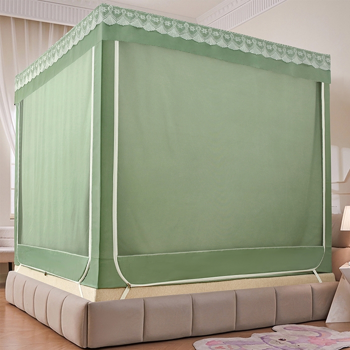 91家纺网 家纺一手货源 找家纺 显高蚊帐 2025新款U型坐床遮光防尘床帘式蚊帐 抹茶绿