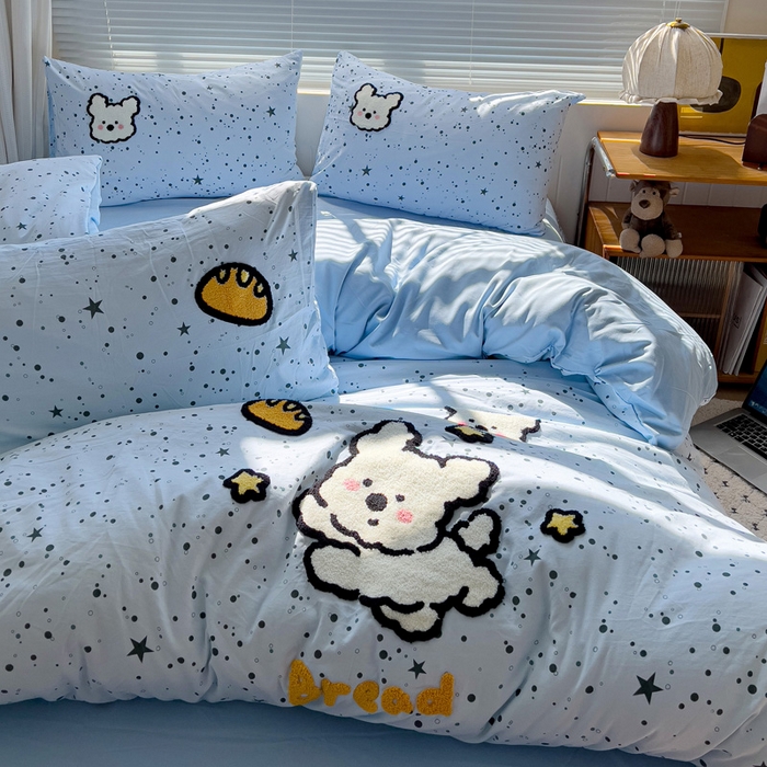 91家纺网 家纺一手货源 找家纺 罗亿家纺 2025新款云朵棉可爱毛巾绣系列四件套 星空线条狗