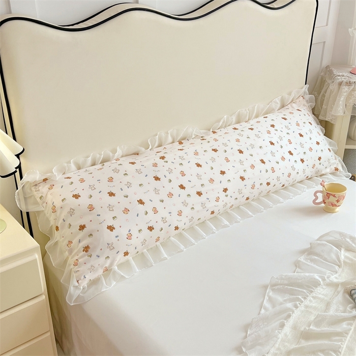 91家纺网 家纺一手货源 找家纺 梦舒羽2025新款针织棉双层纱花边枕头套情侣双人枕套枕芯套枕头内胆套 花边款-蛋糕萌犬