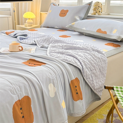 雯豆2025春夏新款凉感丝夏被空调被子印花A类卡通小清新夏被 冰丝夏被四件套-布丁小昔