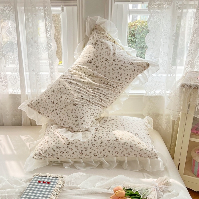 91家纺网 家纺一手货源 找家纺 梦舒羽  2025新款针织棉双层纱花边枕头套双人枕套枕芯套宿舍单人枕头内胆套 花边款-花仙子