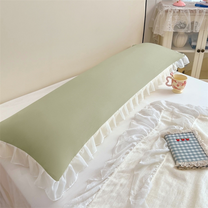 91家纺网 家纺一手货源 找家纺 梦舒羽2025新款针织棉双层纱花边枕头套情侣双人枕套枕芯套枕头内胆套 花边款-豆绿