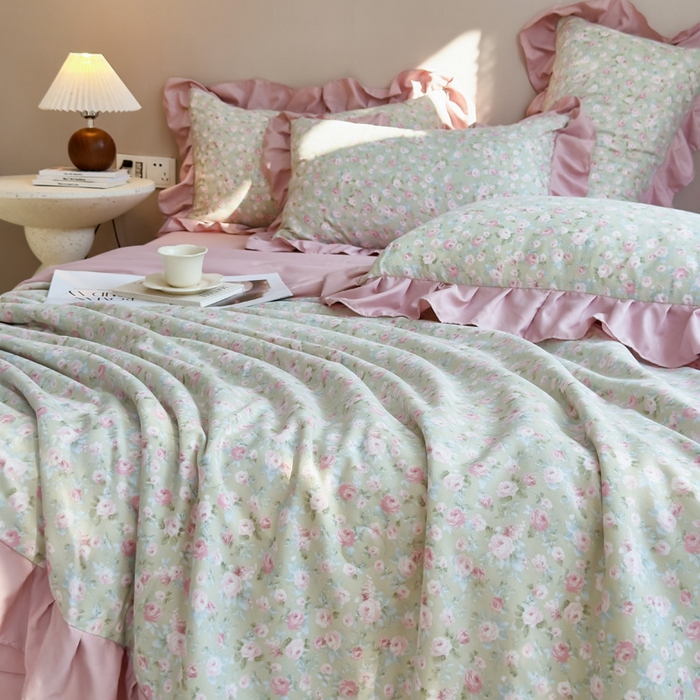 91家纺网 家纺一手货源 找家纺 梦莱斯2025新款针织棉夏被四件套 浅梦