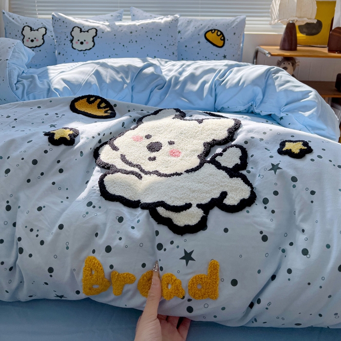 91家纺网 家纺一手货源 找家纺 罗亿家纺 2025新款云朵棉可爱毛巾绣系列四件套 星空线条狗