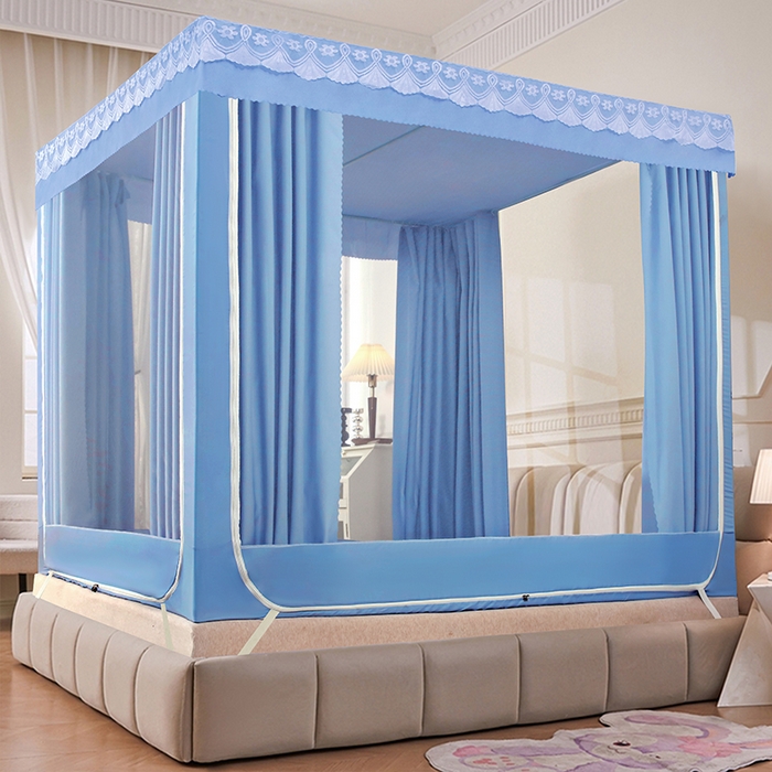 91家纺网 家纺一手货源 找家纺 显高蚊帐 2025新款U型坐床遮光防尘床帘式蚊帐 时尚蓝