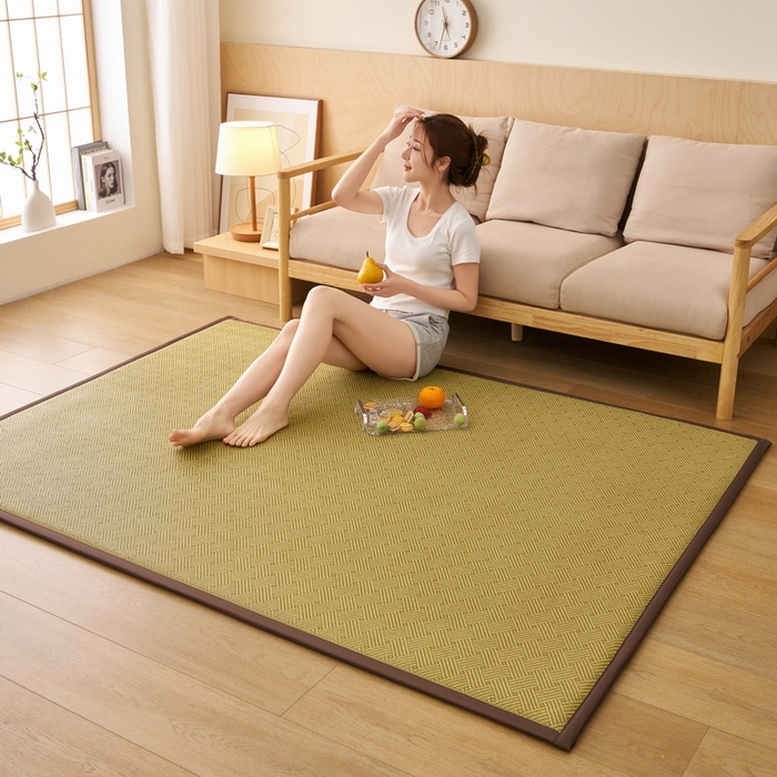 91家纺网 家纺一手货源 找家纺 艺博床垫 2025新款竹藤席地垫 饼干花-绿