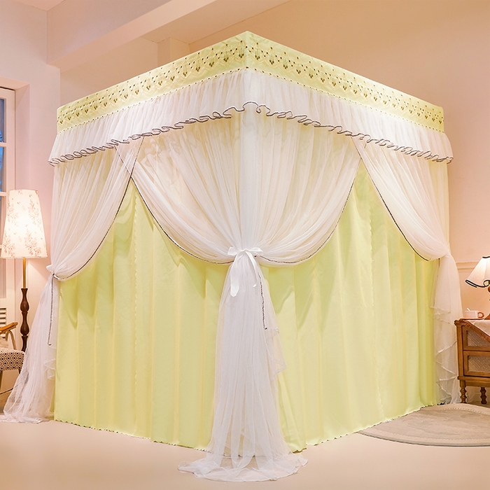 91家纺网 家纺一手货源 找家纺 锦逸家居 2025新款双层遮光防蚊落地蚊帐 鹅黄色