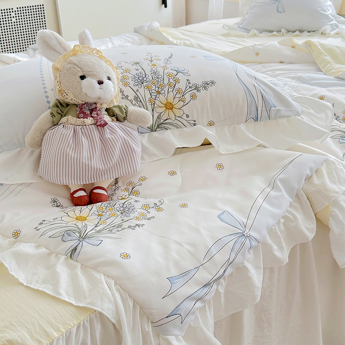 91家纺网 家纺一手货源 找家纺 家贝爱 2025新款泡泡纱水洗棉花边床单/床裙款夏被四件套夏凉被 莫兰清香