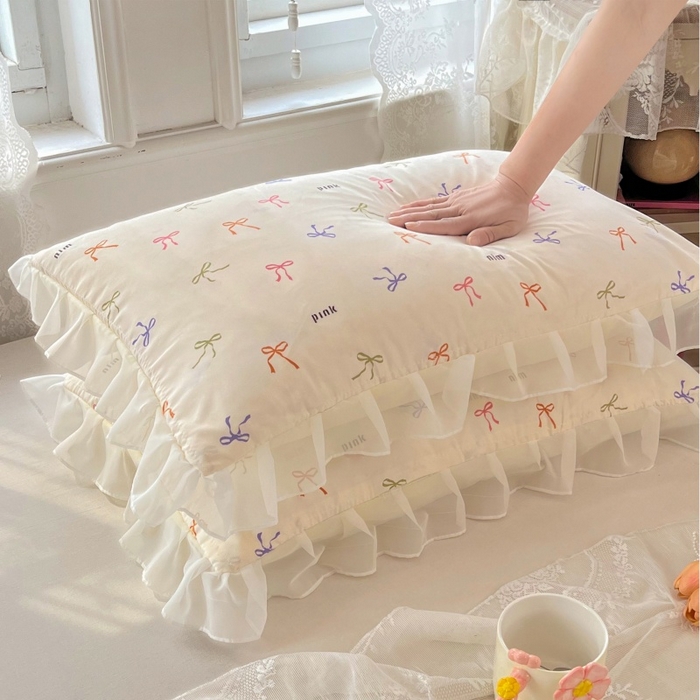 91家纺网 家纺一手货源 找家纺 梦舒羽  2025新款针织棉双层纱花边枕头套双人枕套枕芯套宿舍单人枕头内胆套 花边款-彩色心情