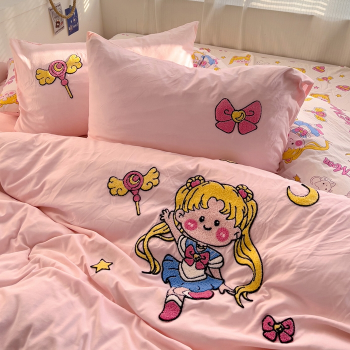 91家纺网 家纺一手货源 找家纺 罗亿家纺 2025新款云朵棉可爱毛巾绣系列四件套 美少女战士