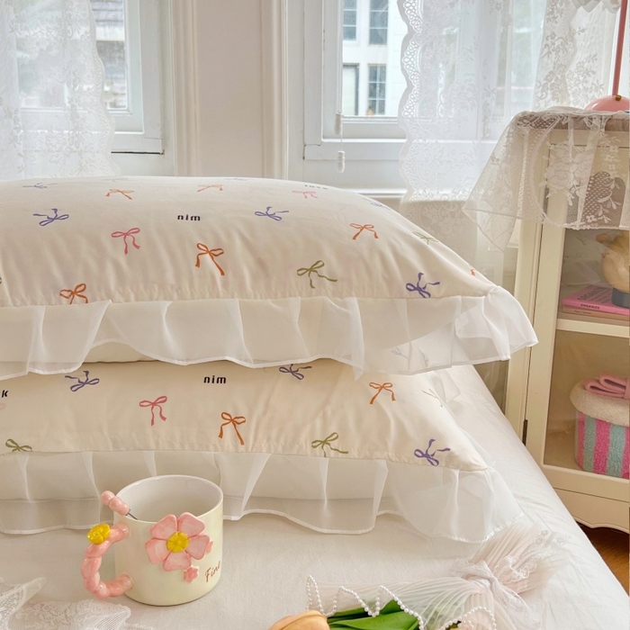 91家纺网 家纺一手货源 找家纺 梦舒羽  2025新款针织棉双层纱花边枕头套双人枕套枕芯套宿舍单人枕头内胆套 花边款-彩色心情