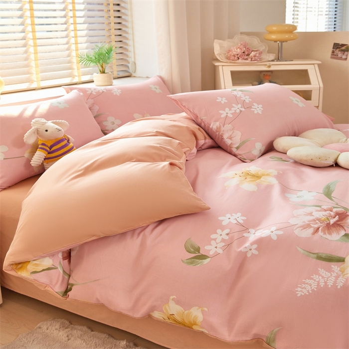 91家纺网 家纺一手货源 找家纺 梦舒羽2025新款全棉小清新印花加厚宿舍床单床裙款四件套 圣洁粉-全棉