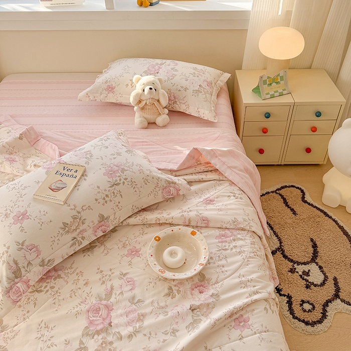 91家纺网 家纺一手货源 找家纺 梦依依 2025新款小清新印花系列里外全棉棉花被夏被四件套 华庭庄园-米