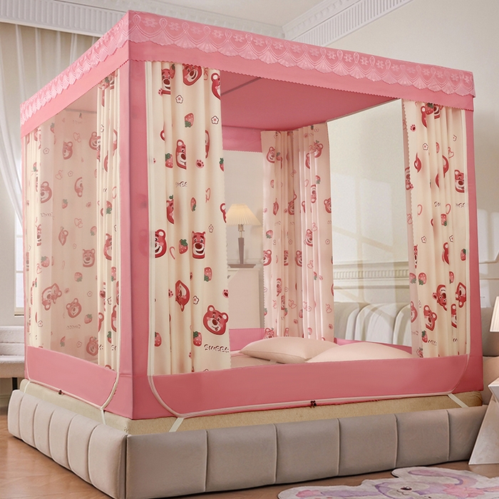 91家纺网 家纺一手货源 找家纺 显高蚊帐 2025新款U型坐床遮光防尘床帘式蚊帐 草莓熊