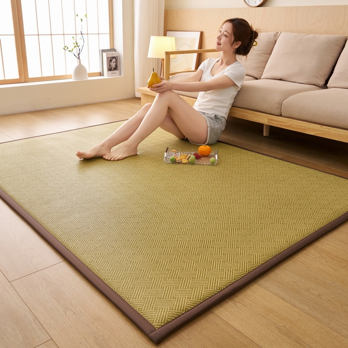 91家纺网 家纺一手货源 找家纺 艺博床垫 2025新款竹藤席地垫 饼干花-绿