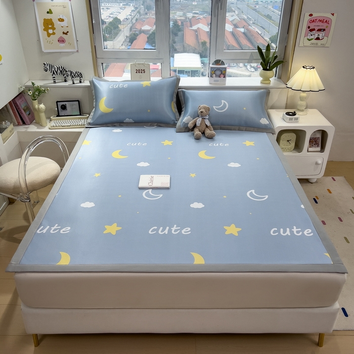 91家纺网 家纺一手货源 找家纺 丝羽坊 2025新款小版印花冰丝凉席平铺床席款冰丝席碳光冰丝凉席 星光灿烂