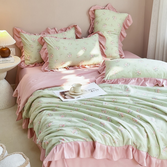 91家纺网 家纺一手货源 找家纺 梦莱斯2025新款针织棉夏被四件套 粉绿色彩