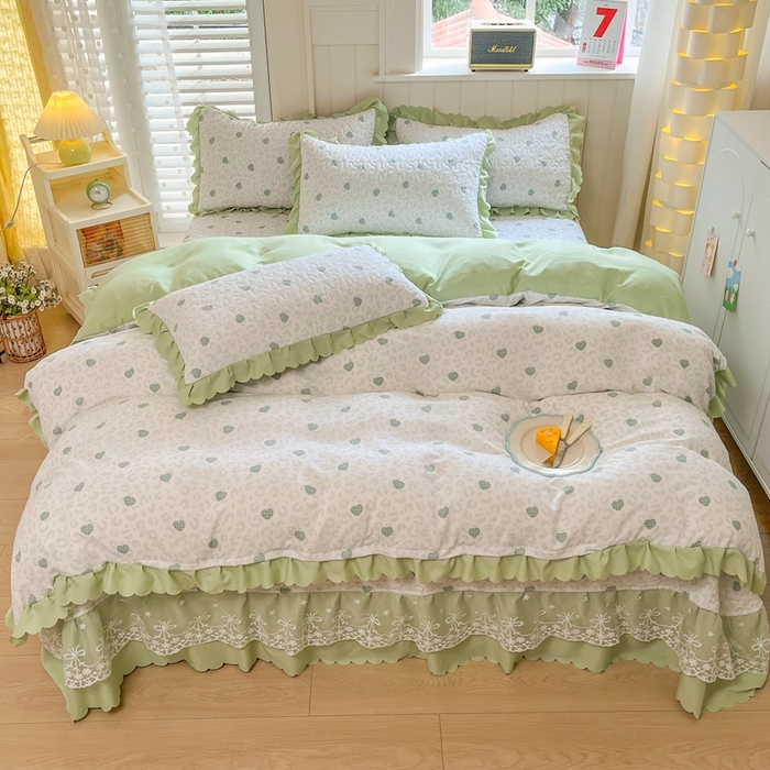 91家纺网 家纺一手货源 找家纺 雅眠居 2025爆款针织棉双层纱印花床盖四件套 爱心绿