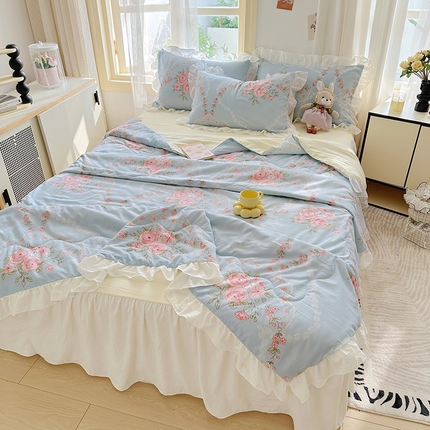 家贝爱 2025新款泡泡纱水洗棉花边床单/床裙款夏被四件套夏凉被 花海蓝