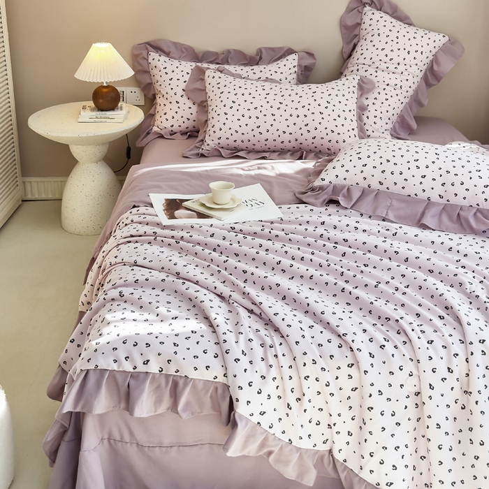 91家纺网 家纺一手货源 找家纺 梦莱斯2025新款针织棉夏被四件套 粉点豹纹