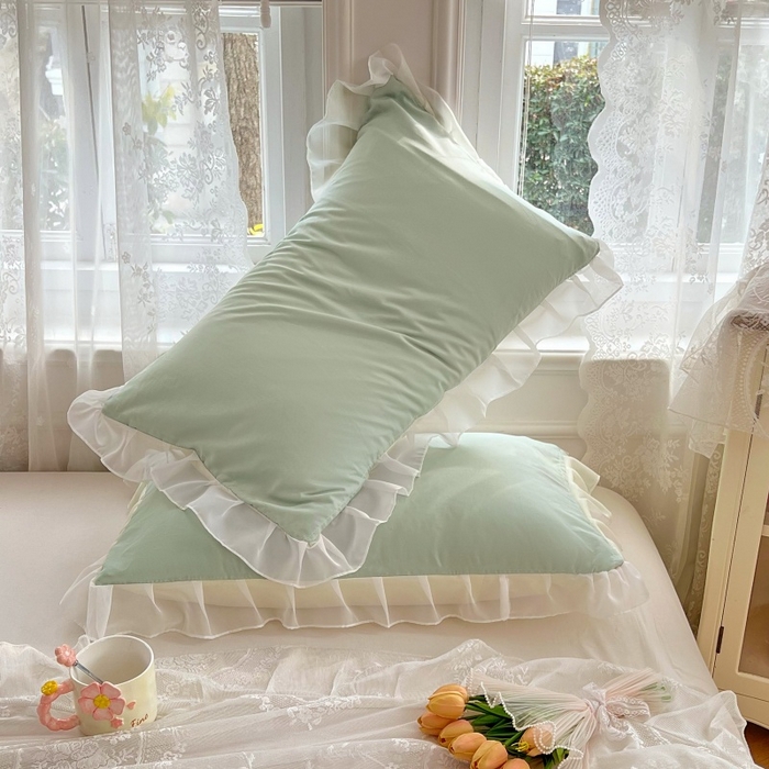 91家纺网 家纺一手货源 找家纺 梦舒羽  2025新款针织棉双层纱花边枕头套双人枕套枕芯套宿舍单人枕头内胆套 花边款-浅清绿