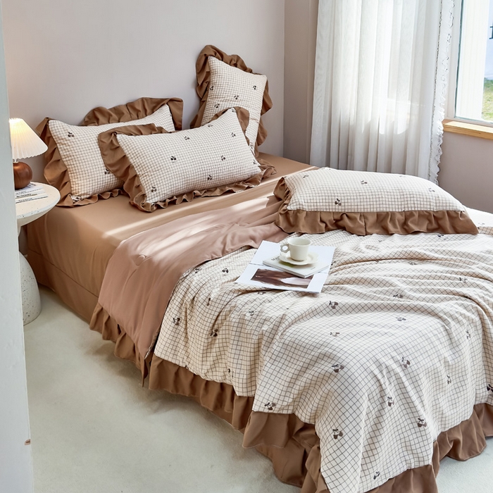 91家纺网 家纺一手货源 找家纺 梦莱斯2025新款针织棉夏被四件套 荔枝棋盘