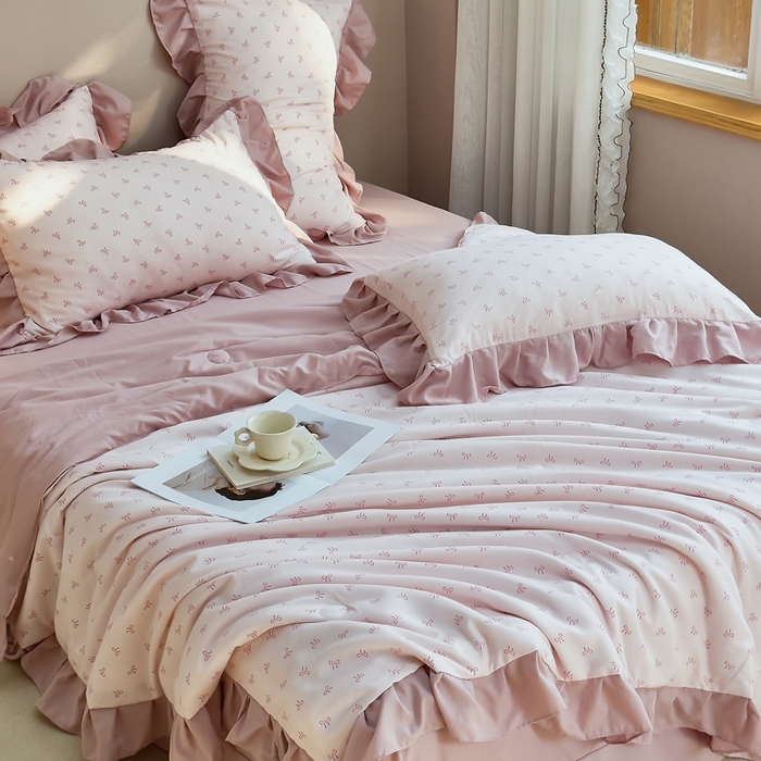 91家纺网 家纺一手货源 找家纺 梦莱斯2025新款针织棉夏被四件套 小蝴蝶结