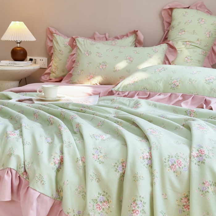 91家纺网 家纺一手货源 找家纺 梦莱斯2025新款针织棉夏被四件套 粉绿色彩