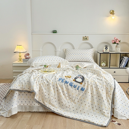 有货2025新款云纱棉毛巾绣夏被+床盖三件套 小企鹅
