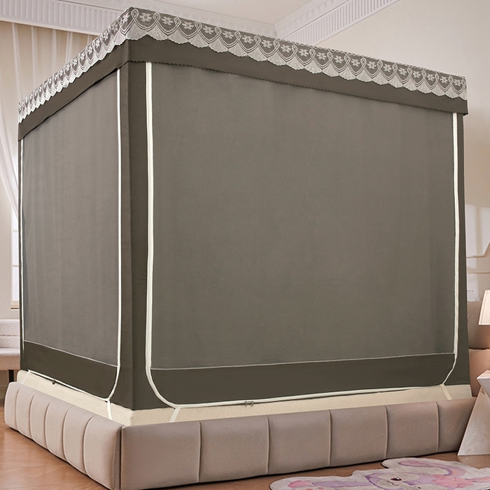 91家纺网 家纺一手货源 找家纺 显高蚊帐 2025新款U型坐床遮光防尘床帘式蚊帐 时尚摩卡