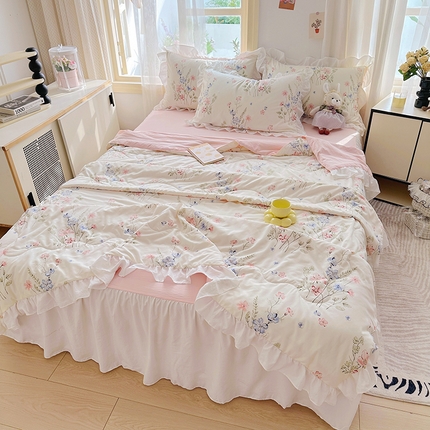 91家纺网 家纺一手货源 找家纺 （总）家贝爱 2025新款泡泡纱水洗棉花边床单/床裙款夏被四件套夏凉被