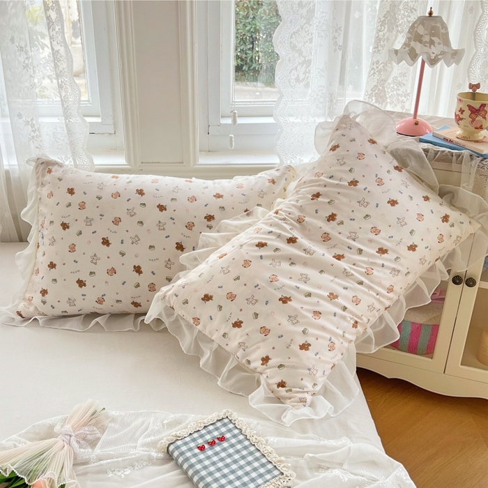 91家纺网 家纺一手货源 找家纺 梦舒羽  2025新款针织棉双层纱花边枕头套双人枕套枕芯套宿舍单人枕头内胆套 花边款-蛋糕萌犬