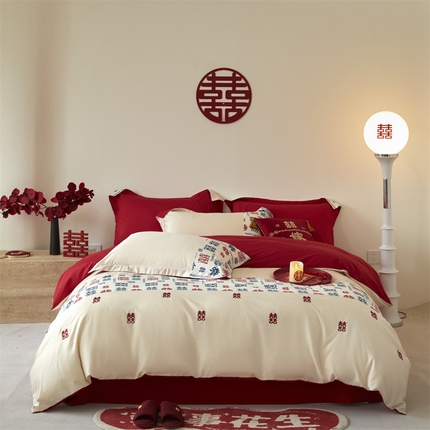 91家纺网 家纺一手货源 找家纺 （总）床绮 2025新款百喜印花婚庆四件套-风格二
