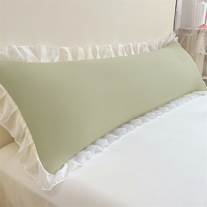 91家纺网 家纺一手货源 找家纺 梦舒羽2025新款针织棉双层纱花边枕头套情侣双人枕套枕芯套枕头内胆套 花边款-豆绿