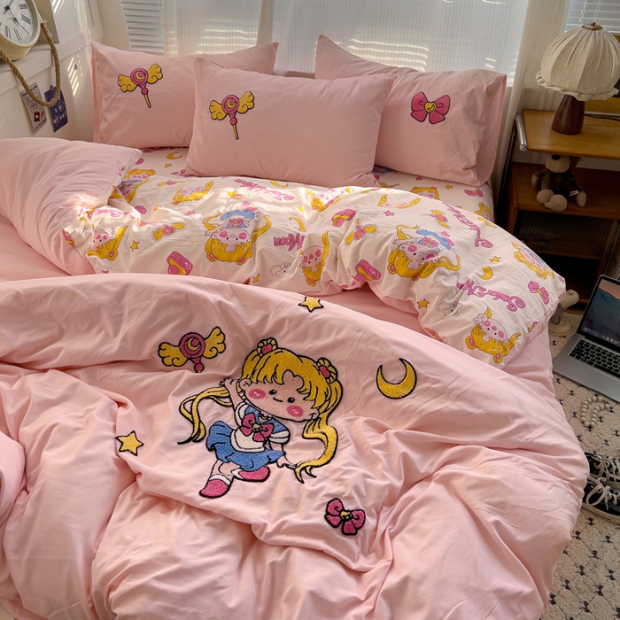 91家纺网 家纺一手货源 找家纺 罗亿家纺 2025新款云朵棉可爱毛巾绣系列四件套 美少女战士