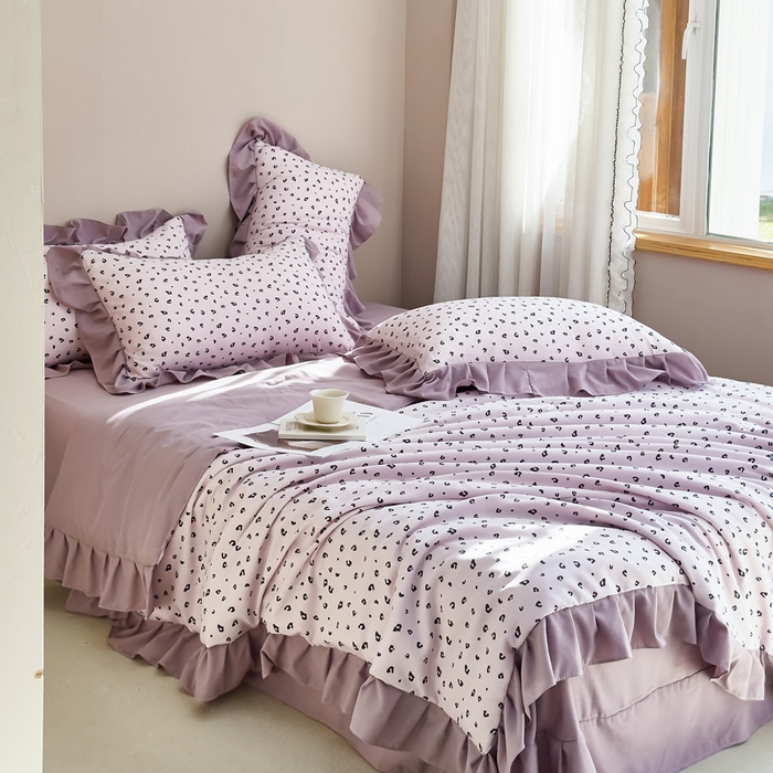 91家纺网 家纺一手货源 找家纺 梦莱斯2025新款针织棉夏被四件套 粉点豹纹