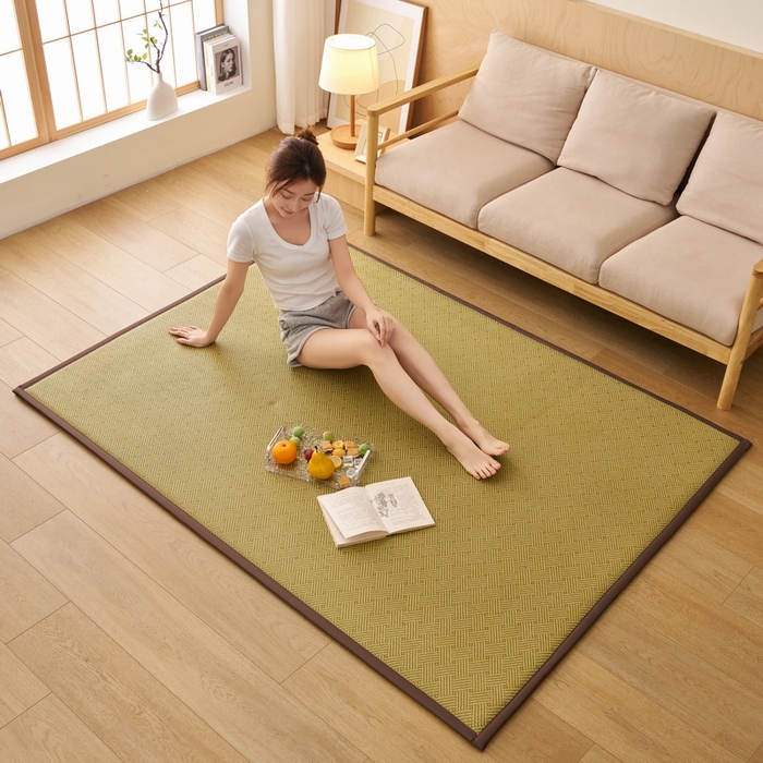 91家纺网 家纺一手货源 找家纺 艺博床垫 2025新款竹藤席地垫 饼干花-绿